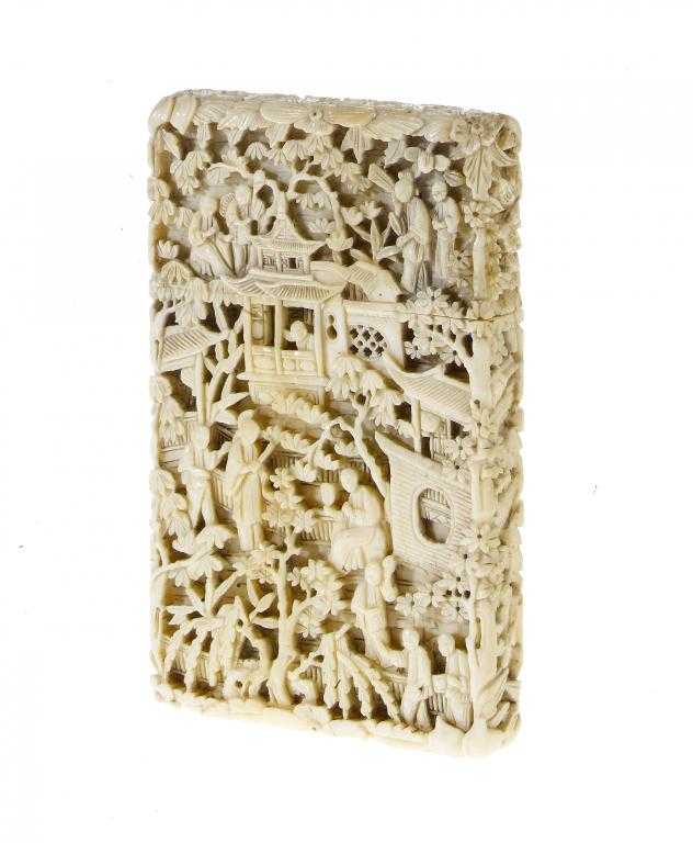 Appraisal: A CHINESE IVORY CARD CASE AND COVER intricately carved overall