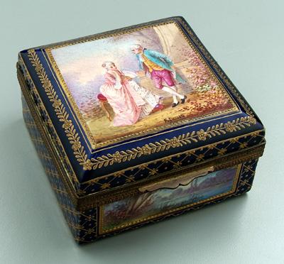 Appraisal: Sevres style ceramic box hand painted scenes signed quot F