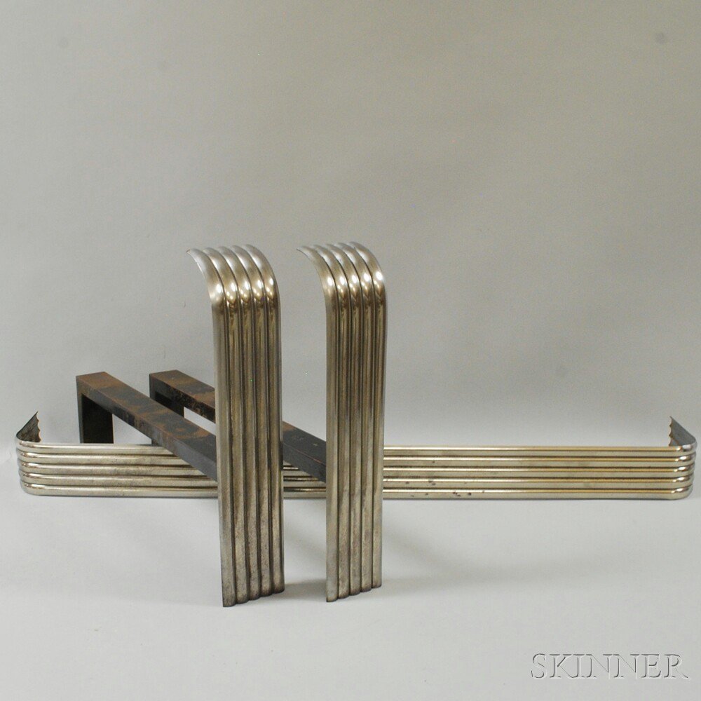 Appraisal: Art Deco Fire Fender and Andirons ribbed steel anirons with