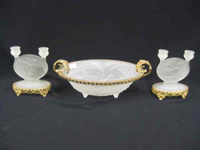 Appraisal: Art Deco Bronzed Satin Glass Console Set bird of paradise