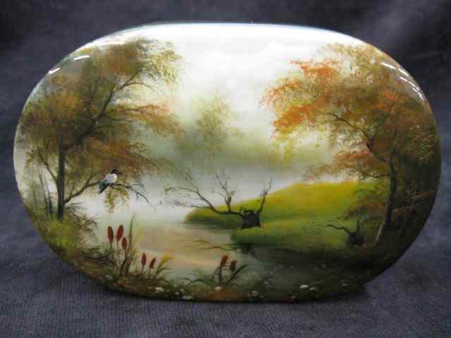 Appraisal: Russian Lacquerware Boxwith fall landscape reflective abalone stream '' x