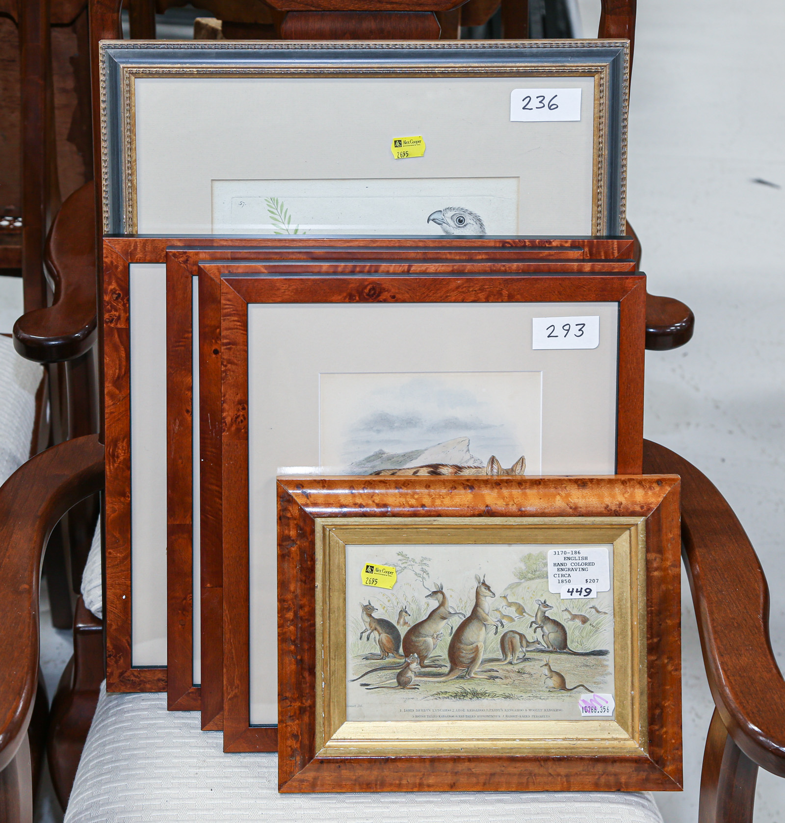 Appraisal: SIX FRAMED ANTIQUE ENGRAVINGS OF ANIMALS Including Le Gerfault after