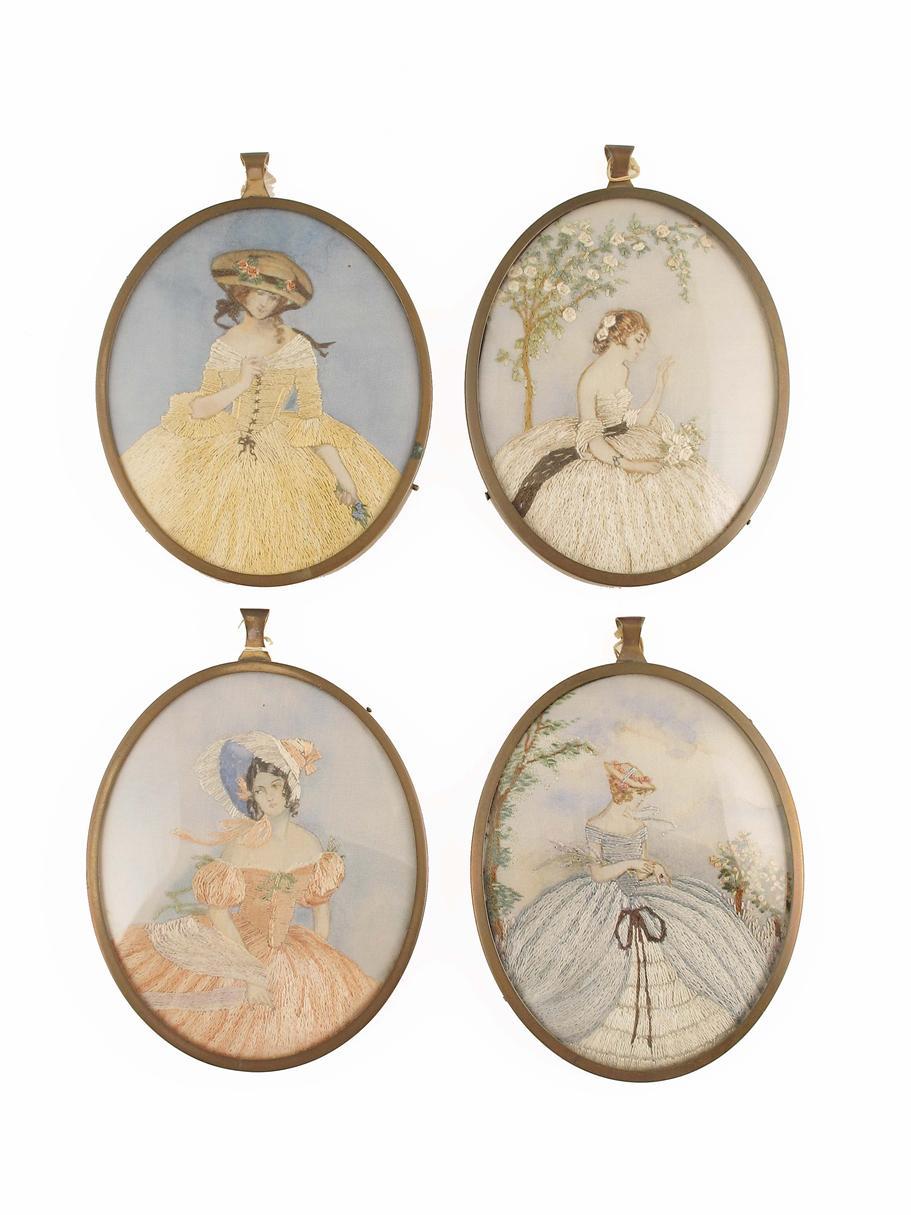 Appraisal: A set of four Victorian embroidered silkwork miniatures