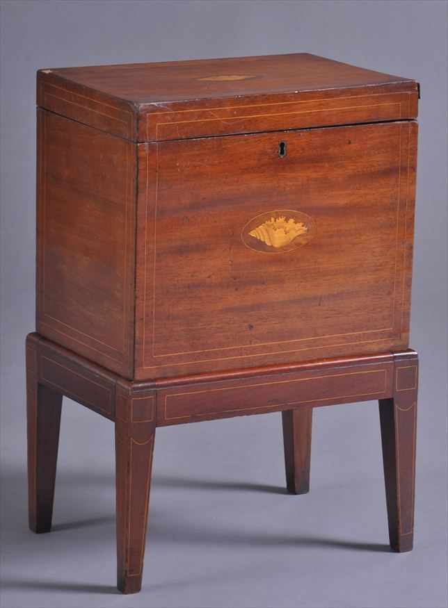 Appraisal: GEORGE III INLAID MAHOGANY CELLARET ON LATER STAND The line-inlaid