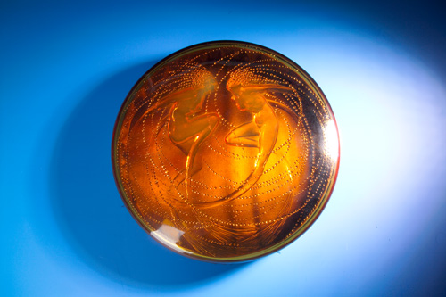 Appraisal: R LALIQUE Box Deux Sirenes opalescent amber with original mushroom