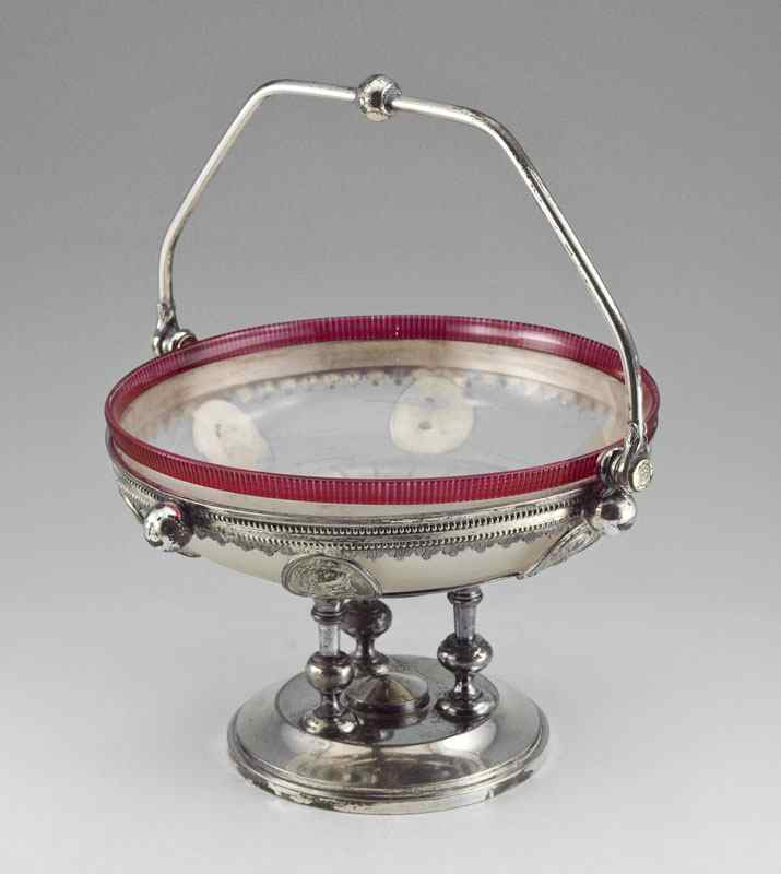 Appraisal: PAIRPOINT PEPPERMINT GLASS BRIDES BASKET Cranberry rimmed frosted glass bowl