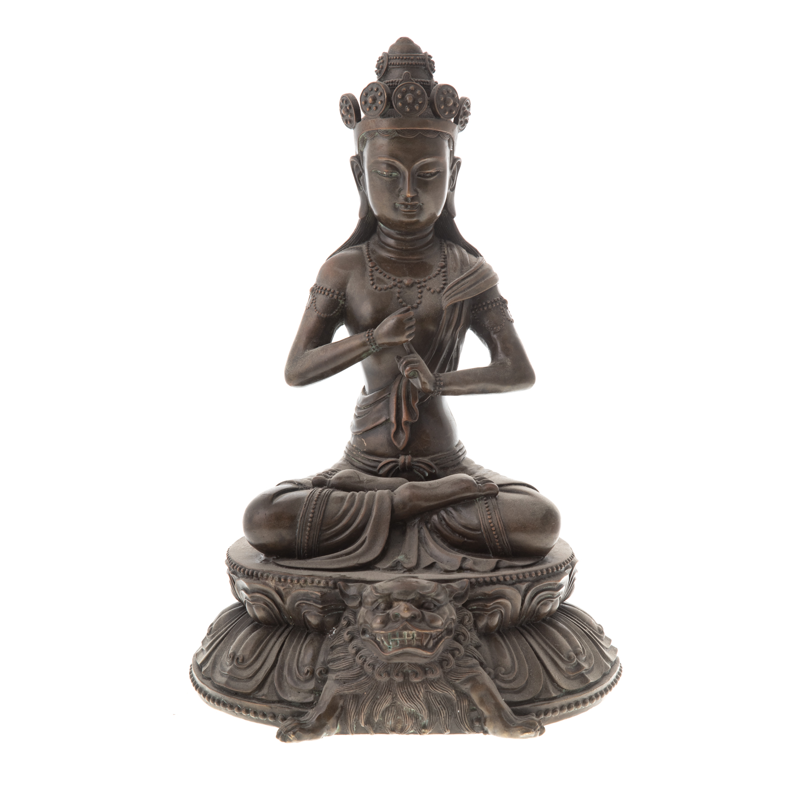 Appraisal: CHINESE BRONZE FEMALE BODHISATTVA Figure seated on double lotus base