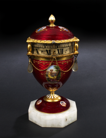 Appraisal: Continental Gilt-Bronze-Mounted Scarlet Guilloche Enamel and White Alabaster Oviform Table