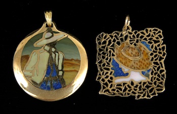 Appraisal: A Lot of Inlay Pendants Set in Gold Containing a