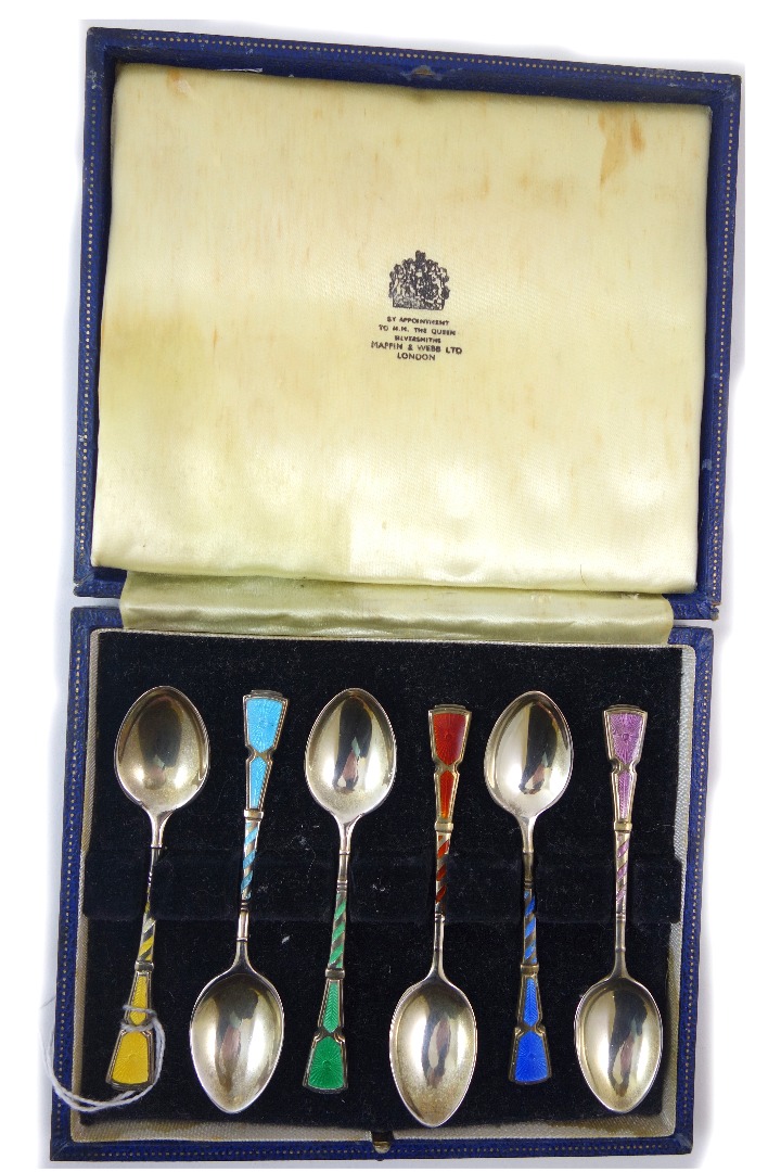 Appraisal: A cased set of six Art Deco style silver and