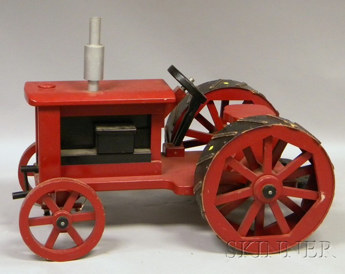 Appraisal: Red-painted Scratch-made Wooden Child's Ride-on Farm Tractor approx lg wd