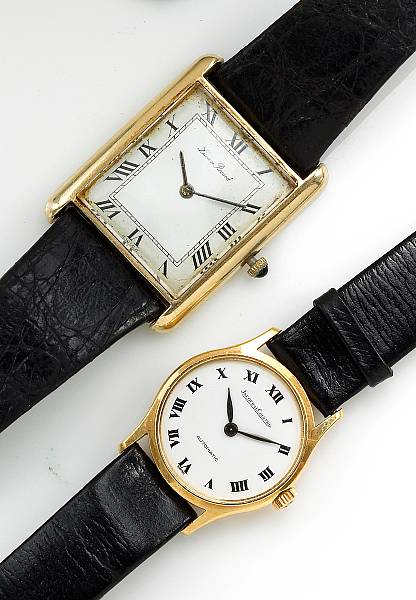 Appraisal: Two k gold and leather wristwatches Jaeger Le Coultre and