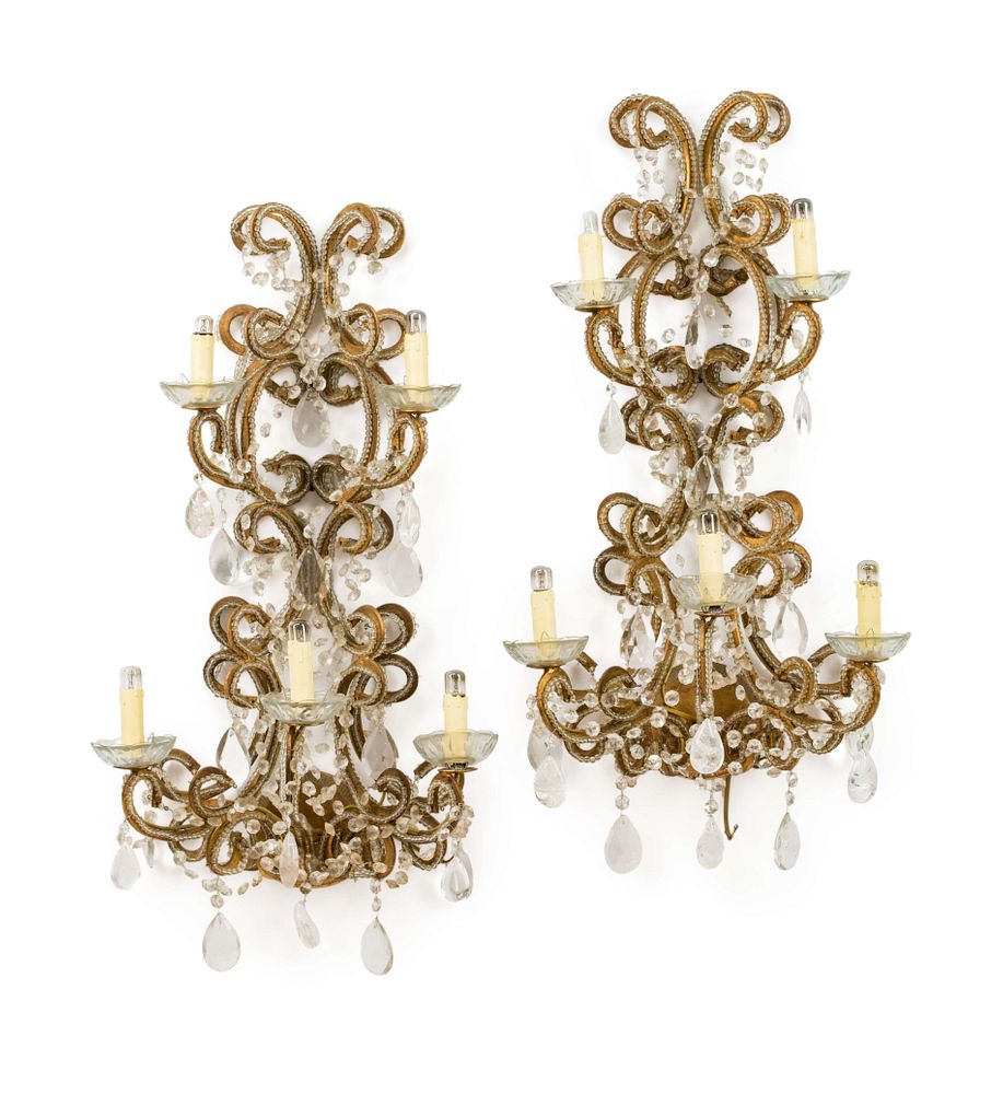 Appraisal: A Set of Four French Beaded Giltwood and Rock Crystal