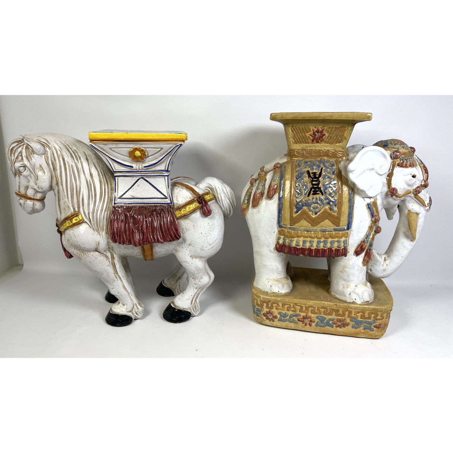 Appraisal: pcs Polychrome Garden Pedestal Stools Horse and Elephant Italy and