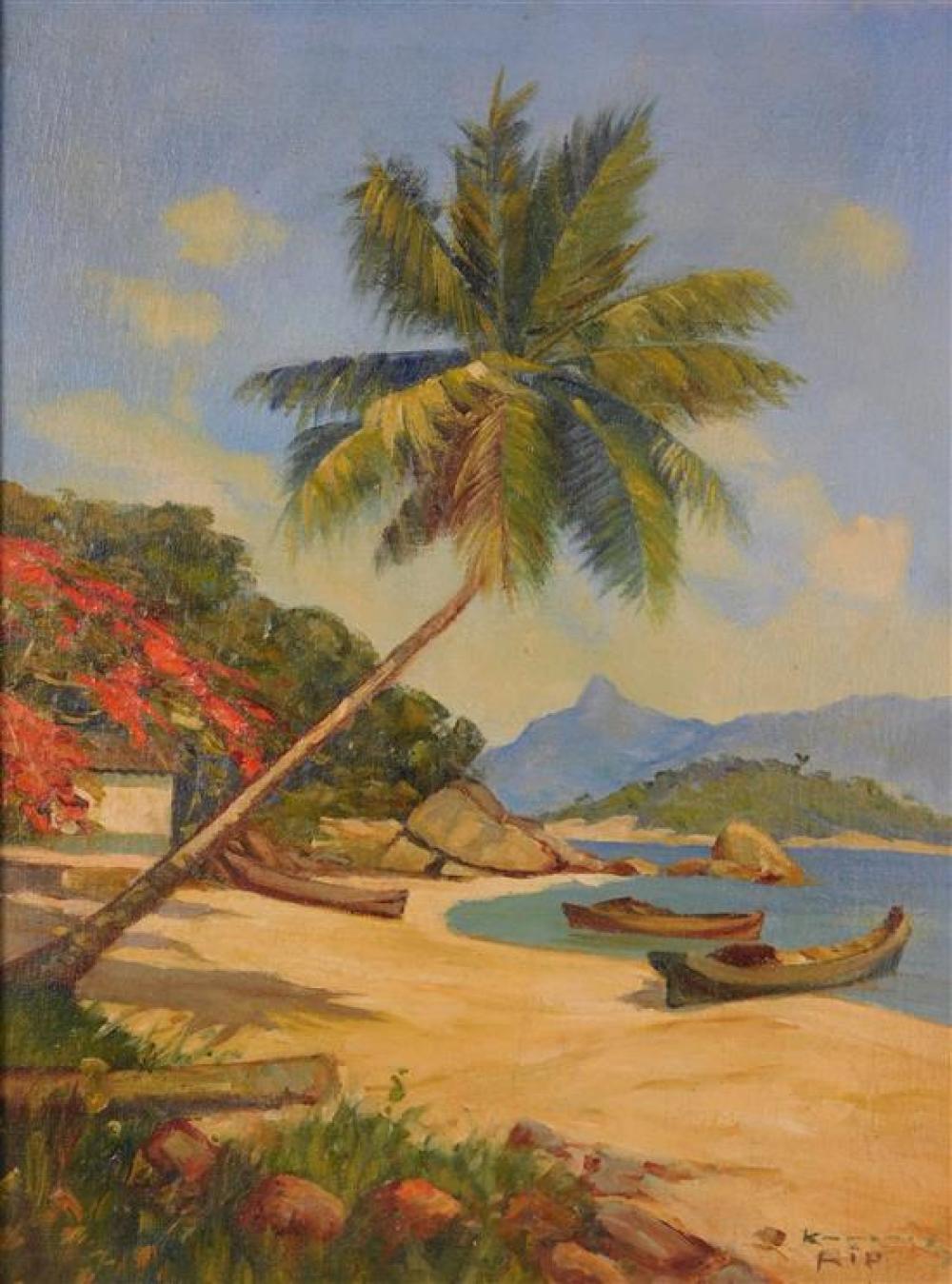 Appraisal: th C oil on canvas tropical scene with single angled