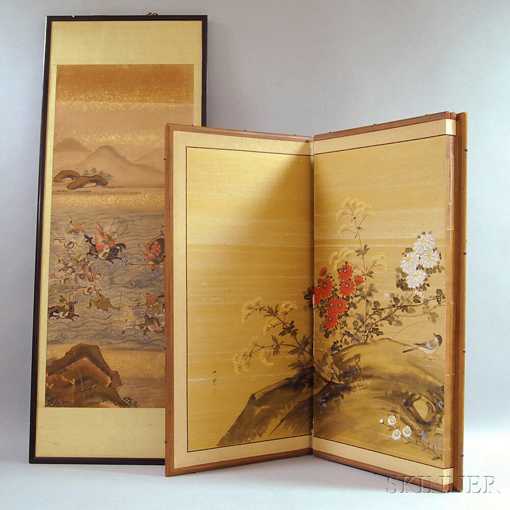 Appraisal: Panel Painting and a Four-panel Folding Screen Japan th th