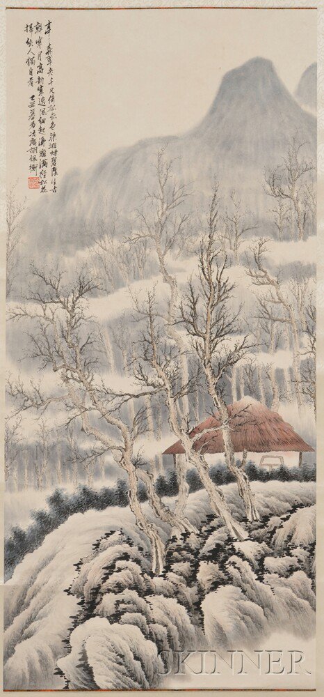 Appraisal: Hanging Scroll Print Depicting a Landscape with a Hut China