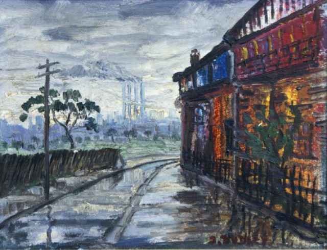 Appraisal: J Dudley Streetscape oil on board signed 'J DUDLEY' lower