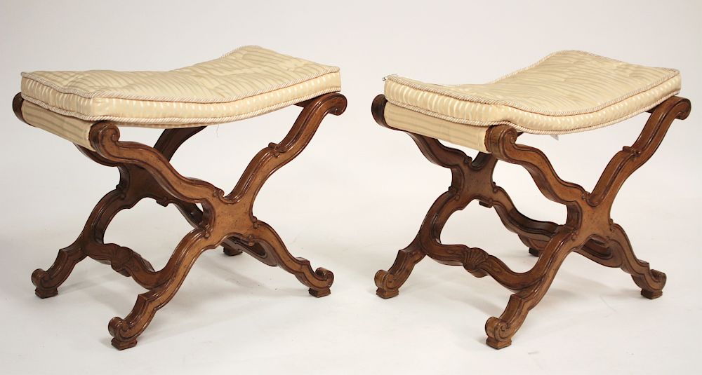 Appraisal: Pair French Rococo Style Fruitwood X Stools Silk upholstered H