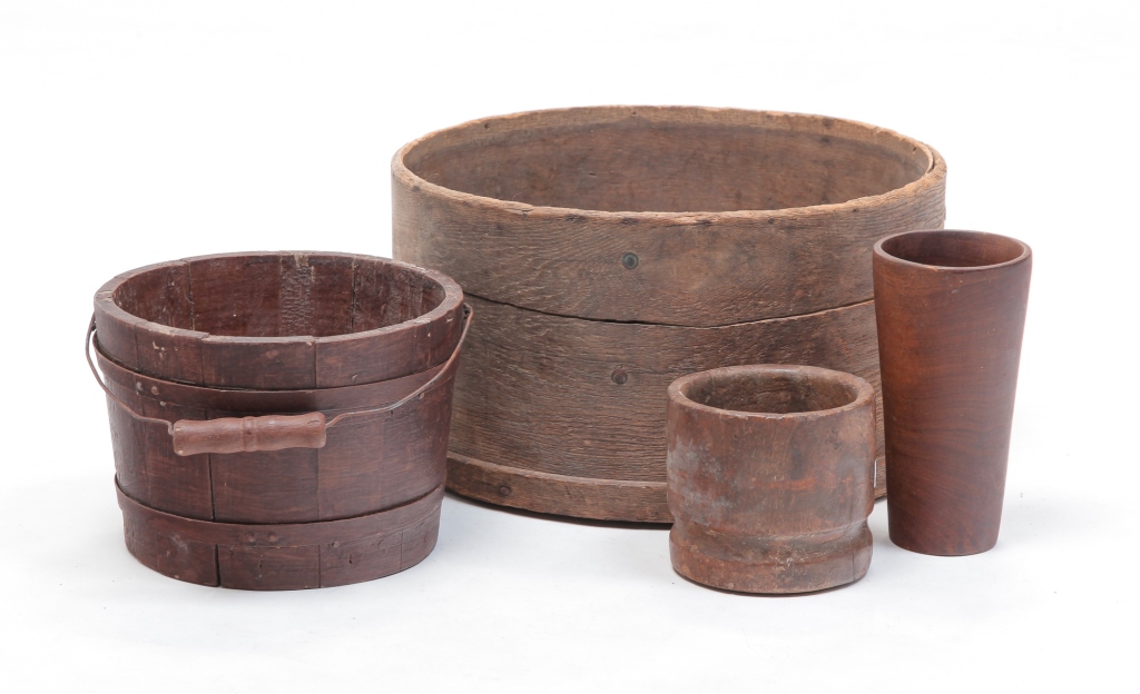 Appraisal: FOUR AMERICAN WOODEN KITCHEN ITEMS Nineteenth- th century Bentwood measure