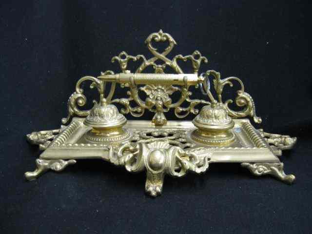 Appraisal: Brass Inkstand double well with pen rack ''