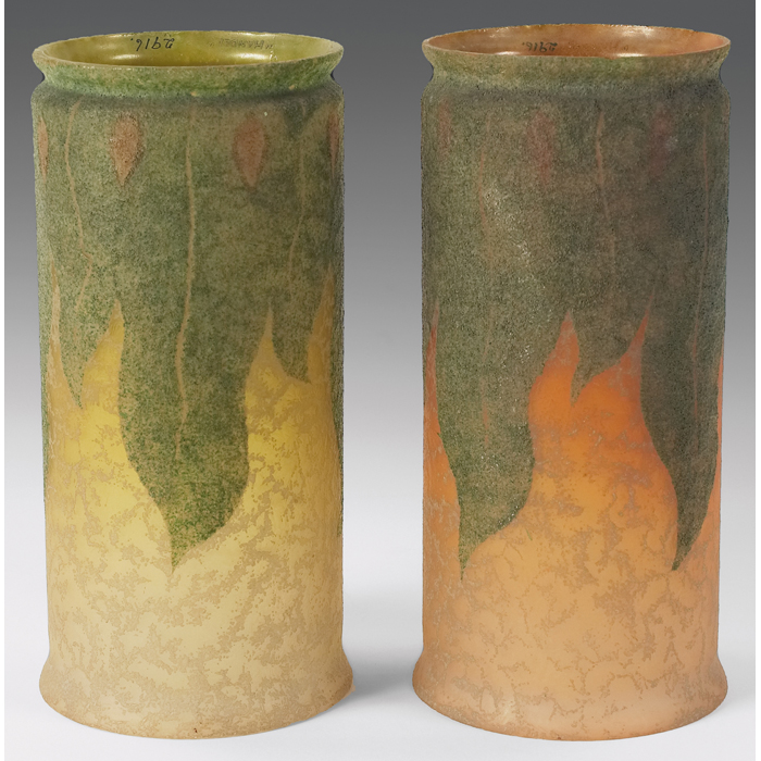 Appraisal: Handel shades two cylindrical acid etched shades with leaf pattern