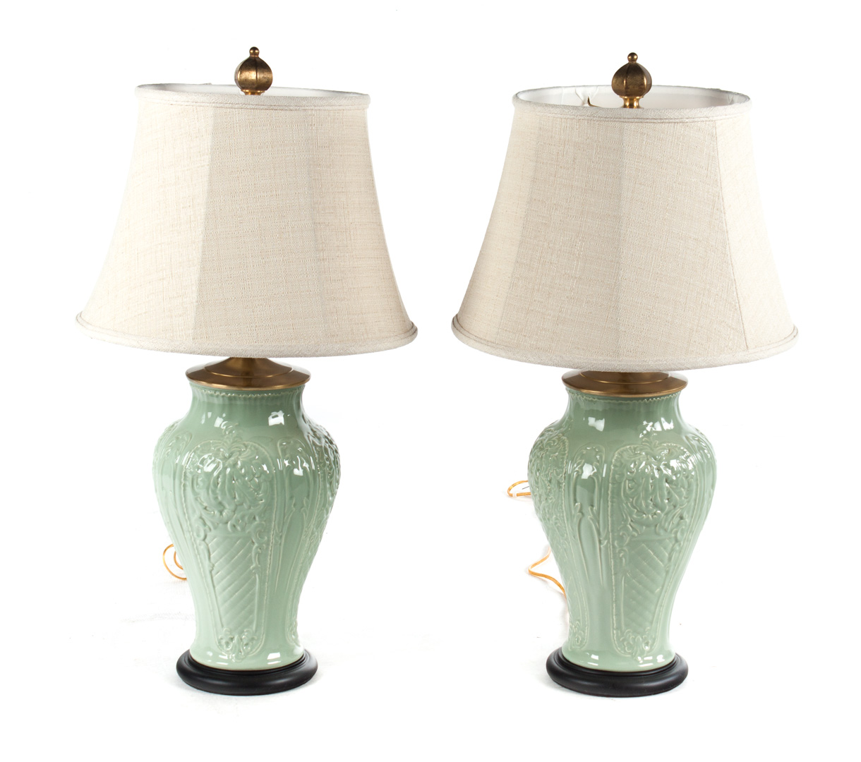 Appraisal: Pair of green glazed ceramic vase lamps with floral and