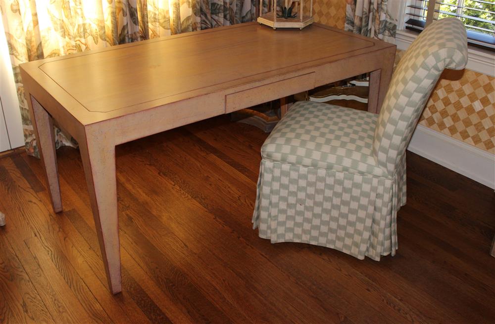 Appraisal: FAUX DISTRESSED DESK TOGETHER WITH A CHECKERED SLIPPER CHAIR WITH