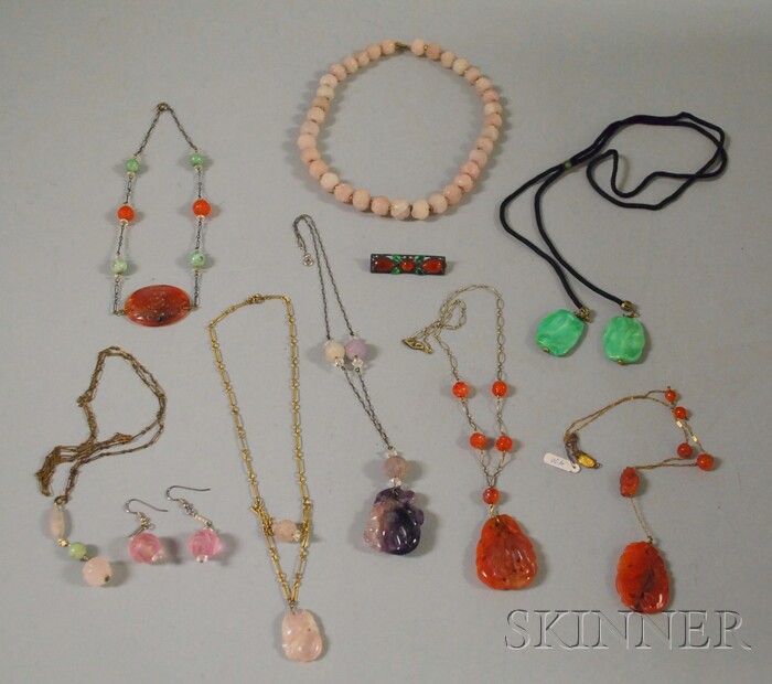 Appraisal: Group of Semi-precious and Hardstone Jewelry including a carved rose