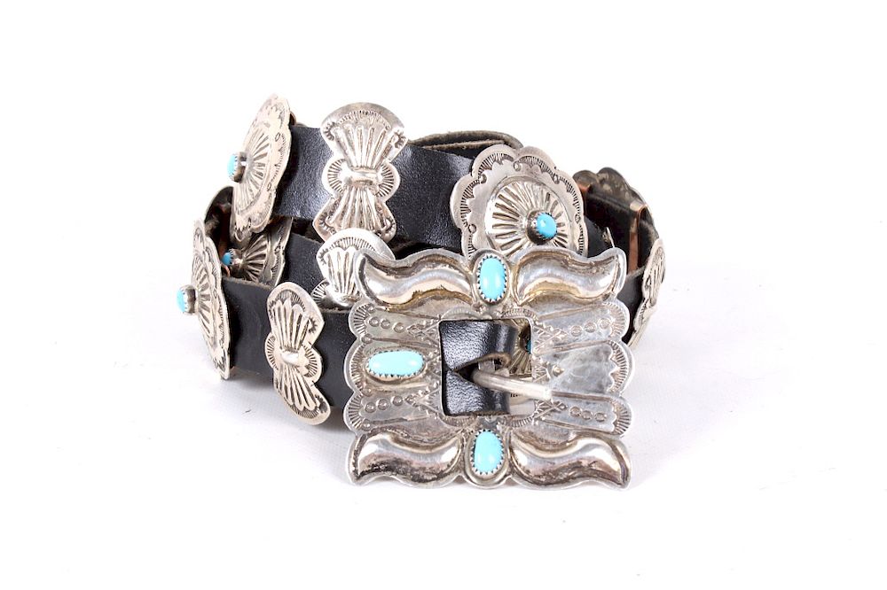 Appraisal: Navajo Sterling Turquoise Concho Belt Signed Offered for your bidding