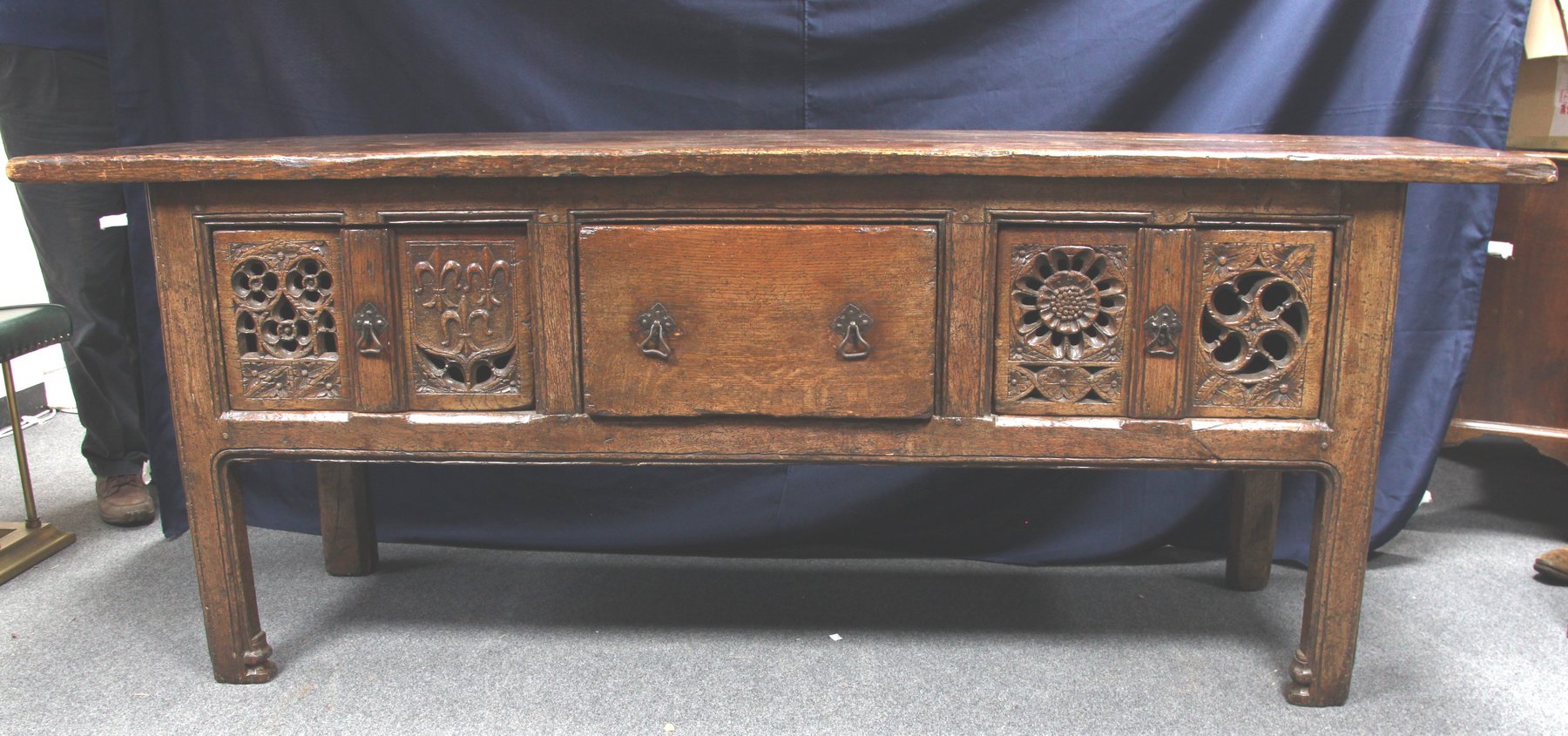 Appraisal: A Gothic oak counter table with th Century elements with