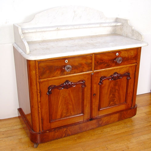 Appraisal: DUTCH MAHOGANY MARBLE TOP COMMODE Curved white marble backsplash shelf