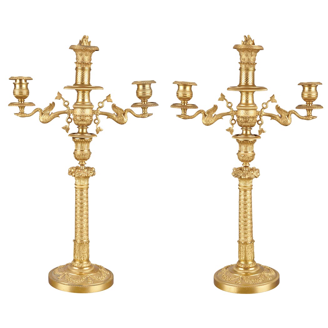 Appraisal: Pair of Louis Philippe Gilt-Bronze Three-Light Candelabra Mid th century