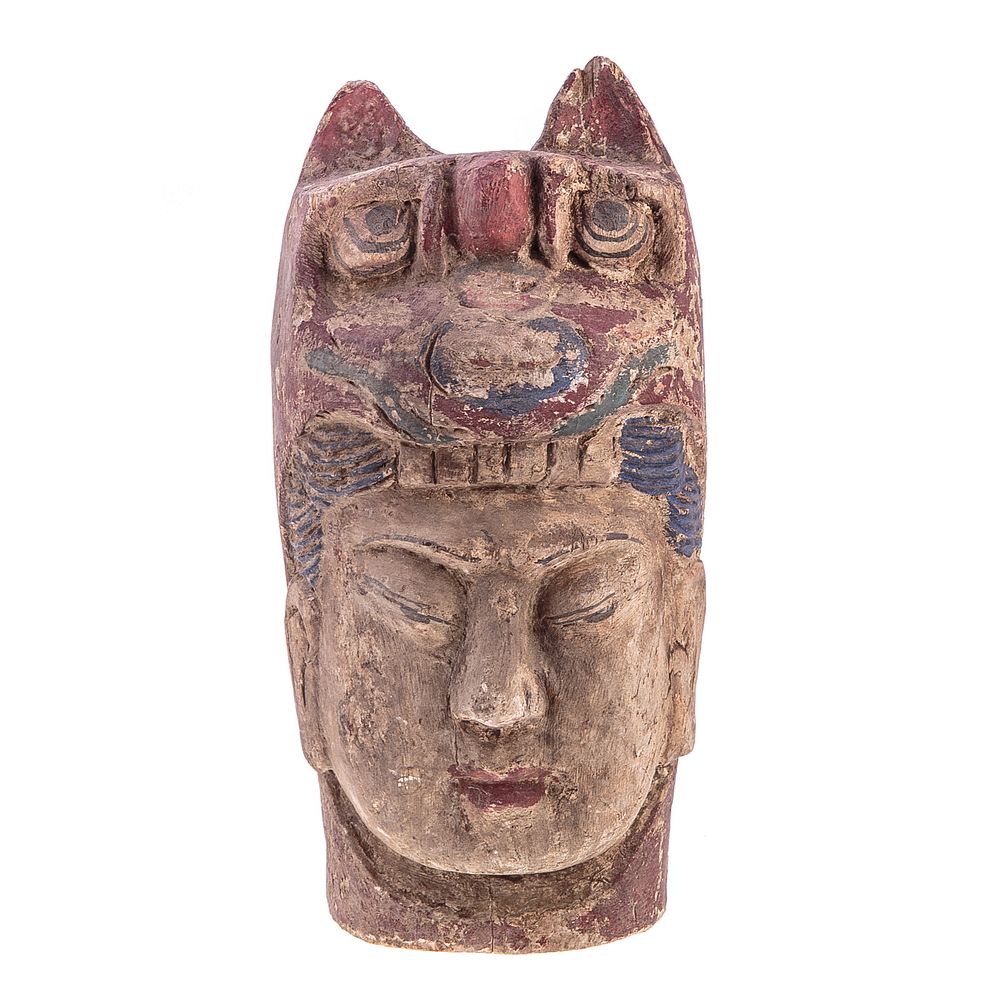 Appraisal: Chinese Carved Wood Bodhisattva Head With polychrome decoration in H