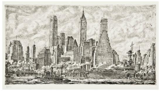 Appraisal: Reginald Marsh - Skyline from Pier Brooklyn S Etching numbered