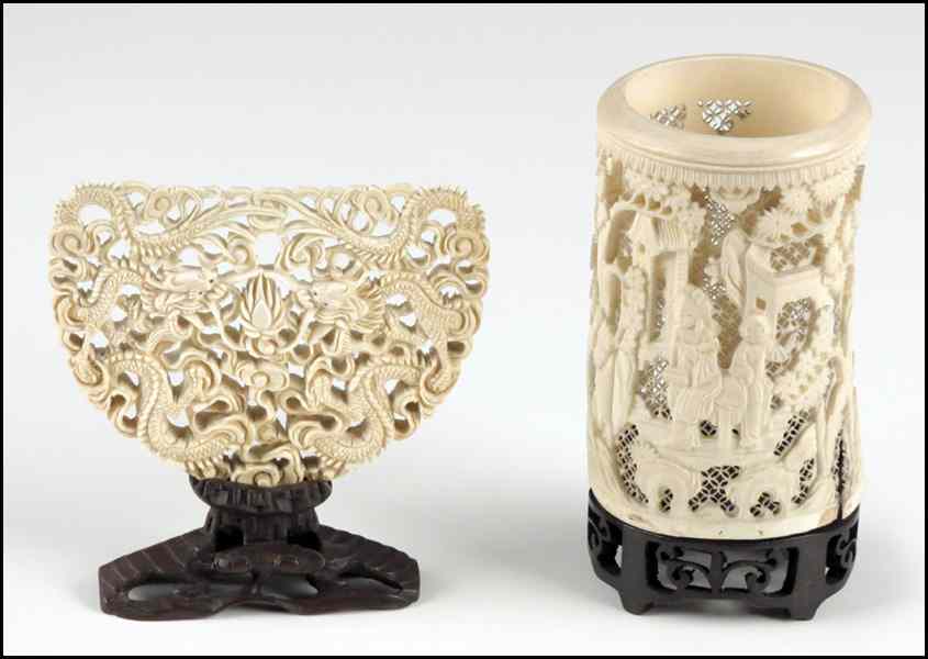 Appraisal: TWO CHINESE CARVINGS A CYLINDER VASE AND A SCREEN Provenance