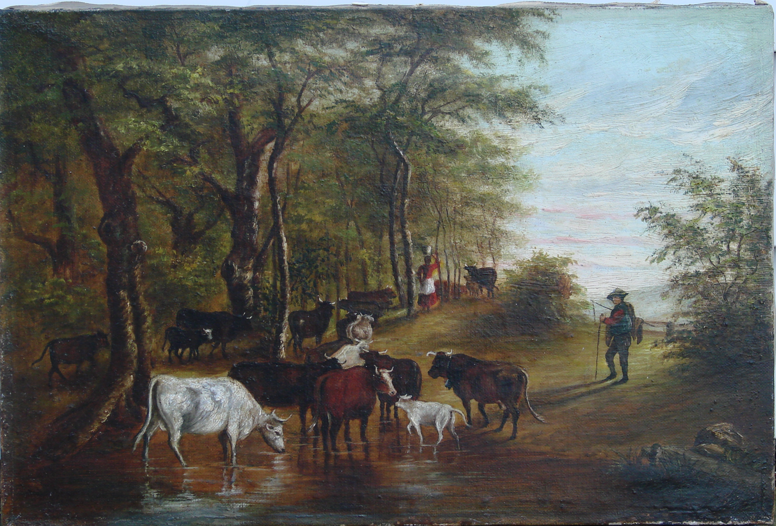 Appraisal: UNFRAMED PAINTING American School Late th CenturyPastoral landscape with figures