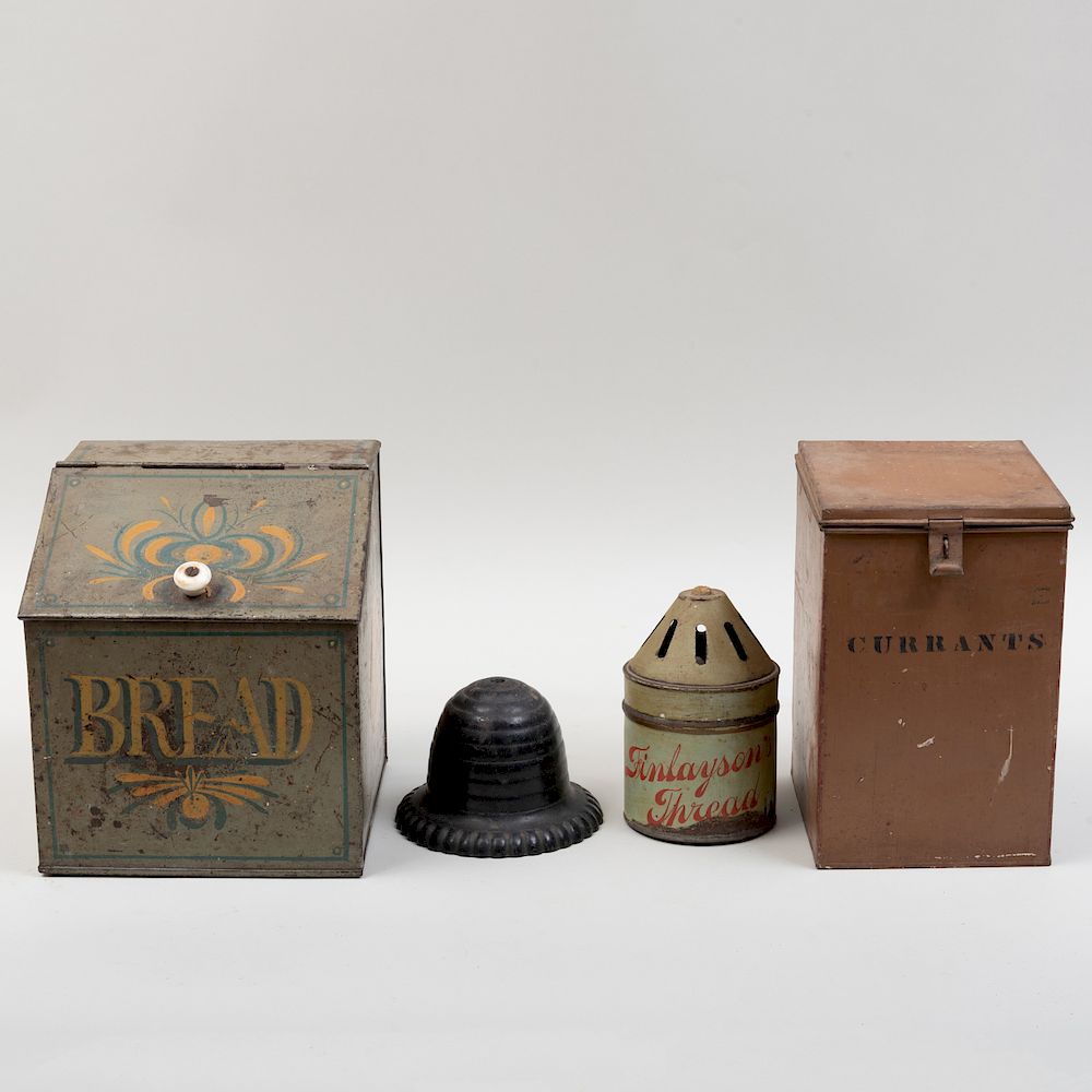 Appraisal: Three Painted Tin Containers and a Painted Iron Beehive Form