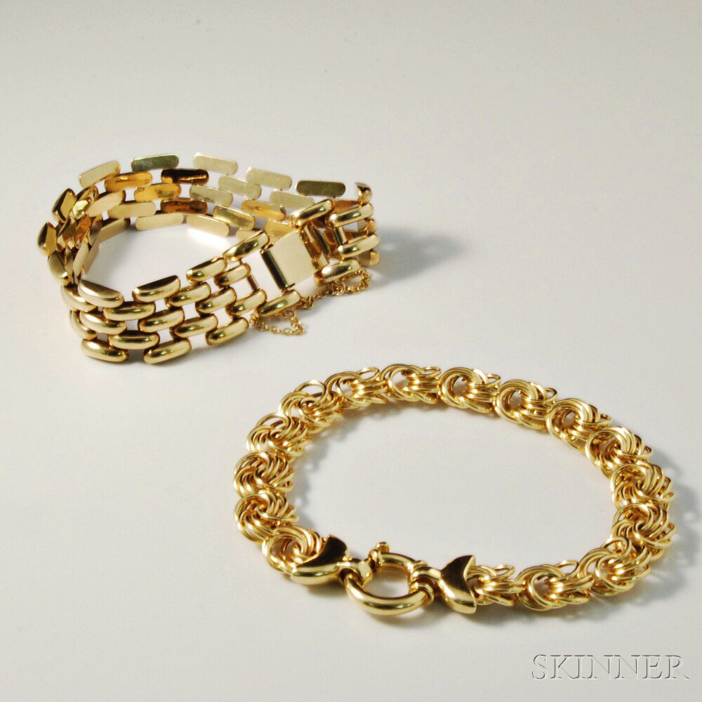 Appraisal: Two kt Gold Bracelets total dwt Estimate - The absence