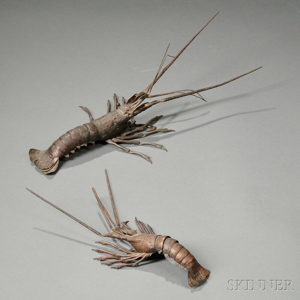 Appraisal: Two Articulated Metal Crayfish Japan th century patinated copper lg