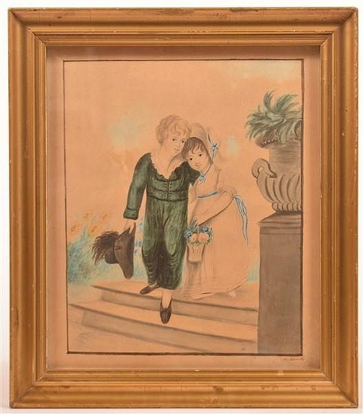 Appraisal: th Century Watercolor Drawing of a Boy and Girl th