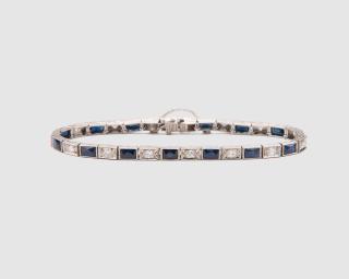 Appraisal: Platinum Synthetic Sapphire and Diamond Line Bracelet Platinum Synthetic Sapphire