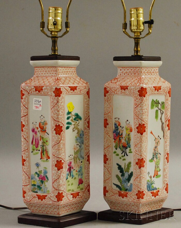 Appraisal: Pair of Modern Asian Porcelain Paneled Table Lamps body ht