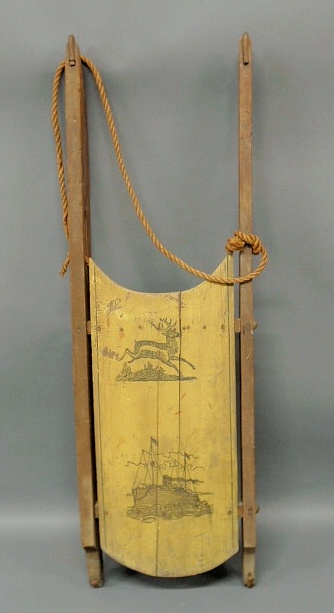 Appraisal: Child s sled c with yellow paint decoration and stenciled