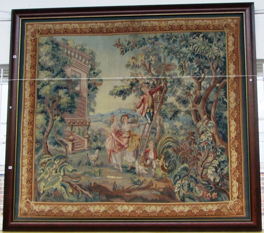 Appraisal: A large framed tapestry depicting a th century garden scene