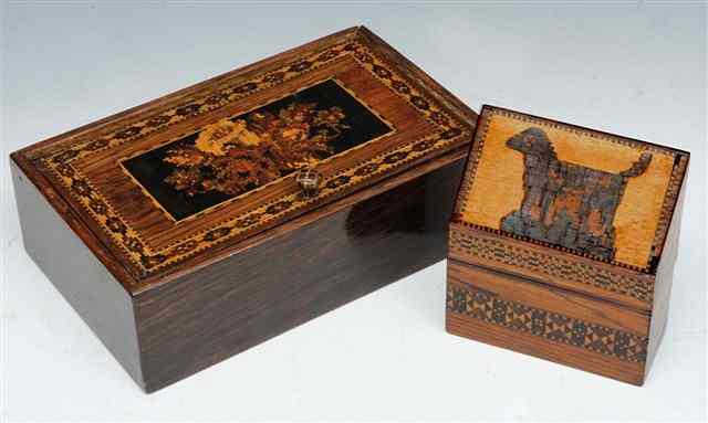 Appraisal: A TUNBRIDGEWARE RECTANGULAR BOX with inlaid hinged lid with central