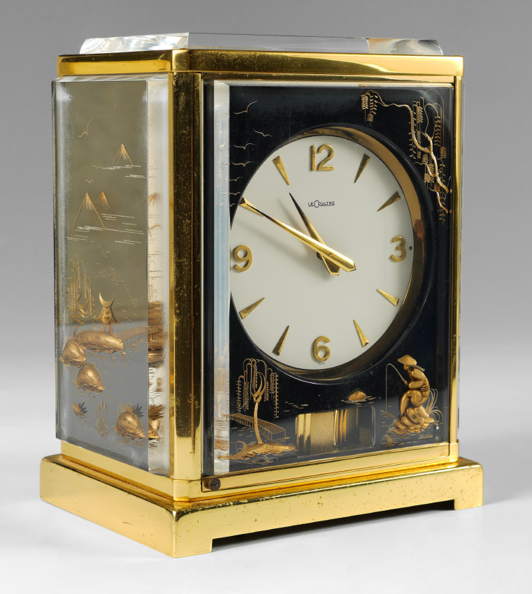 Appraisal: LECOULTRE MARINA ATMOS CLOCK Gilt chinoiserie decorated on black ground