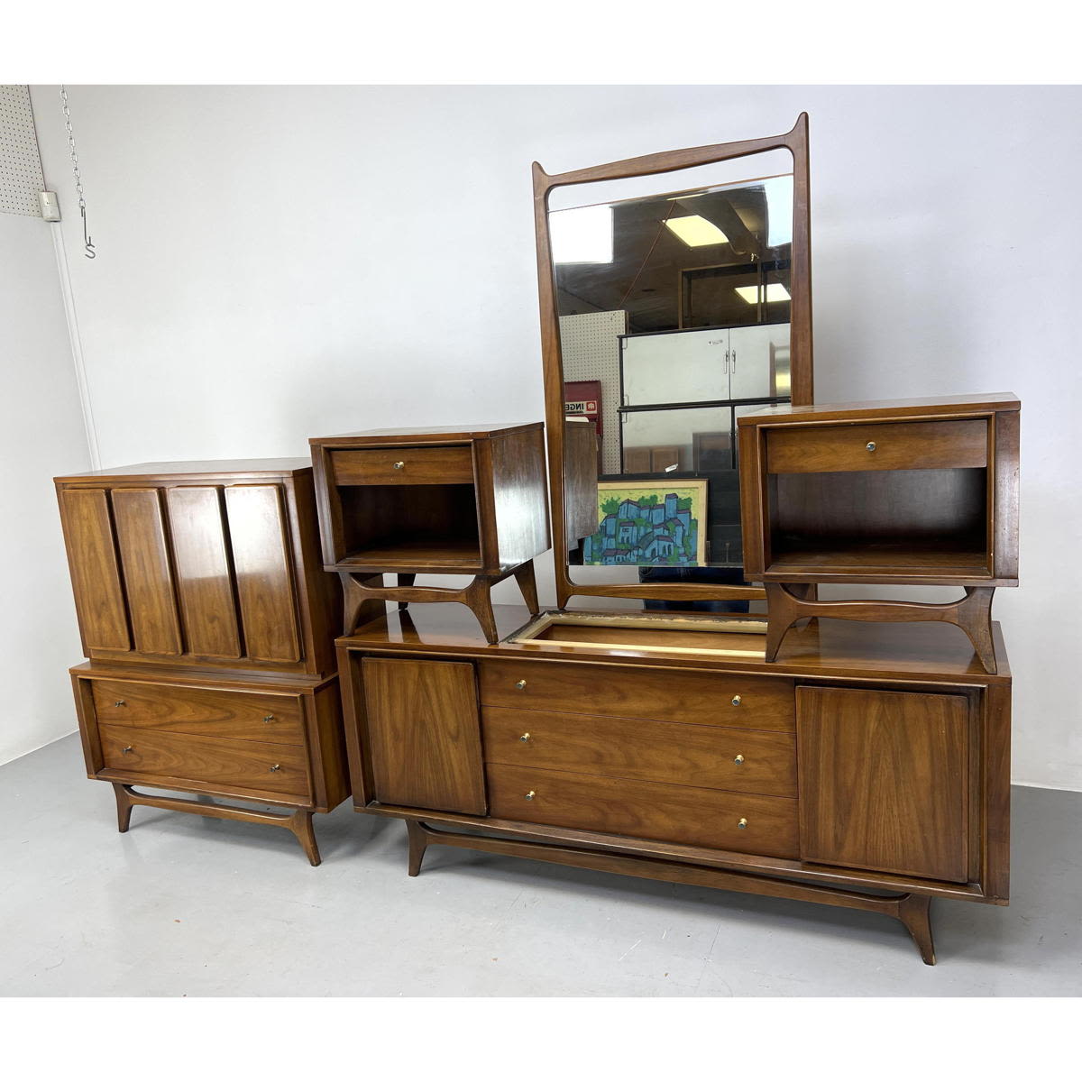 Appraisal: pc KENT COFFEY Insignia bedroom set Walnut and pecan Brass