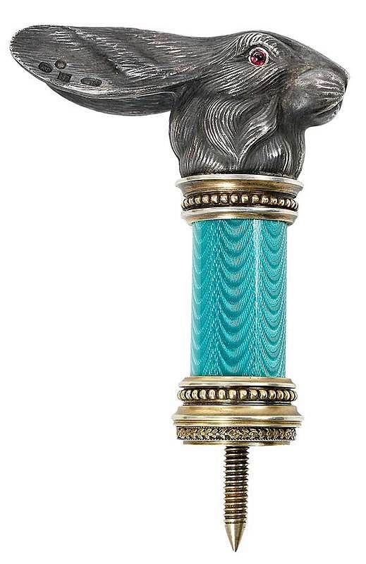 Appraisal: Faberge Style Silver and Enamel Rabbit Cane Top th century