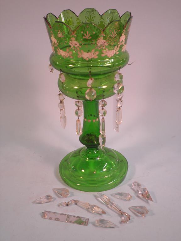 Appraisal: A Victorian green glass lustre decorated in coloured enamels with